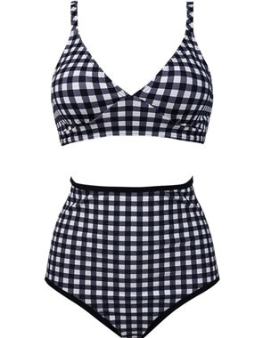 High-Waist Gingham Bikini Set - Black & White Women's Size XXL
